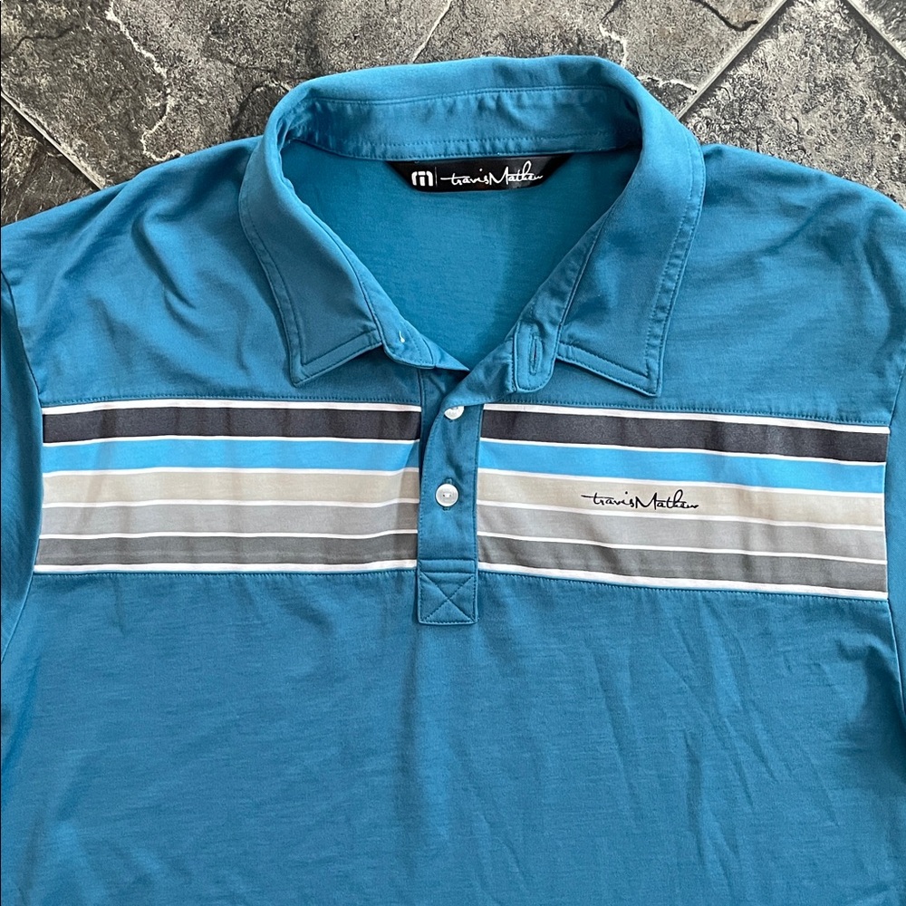 TRAVIS MATHEW Teal, Tan & Gray Striped Polo Golf Shirt Sporty Athleisure Preppy